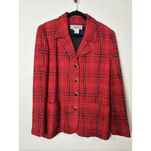 VTG Carlisle Tweed Plaid Blazer Size 10 Cotton Blend 90s Money Career Corp Core - Picture 1 of 7